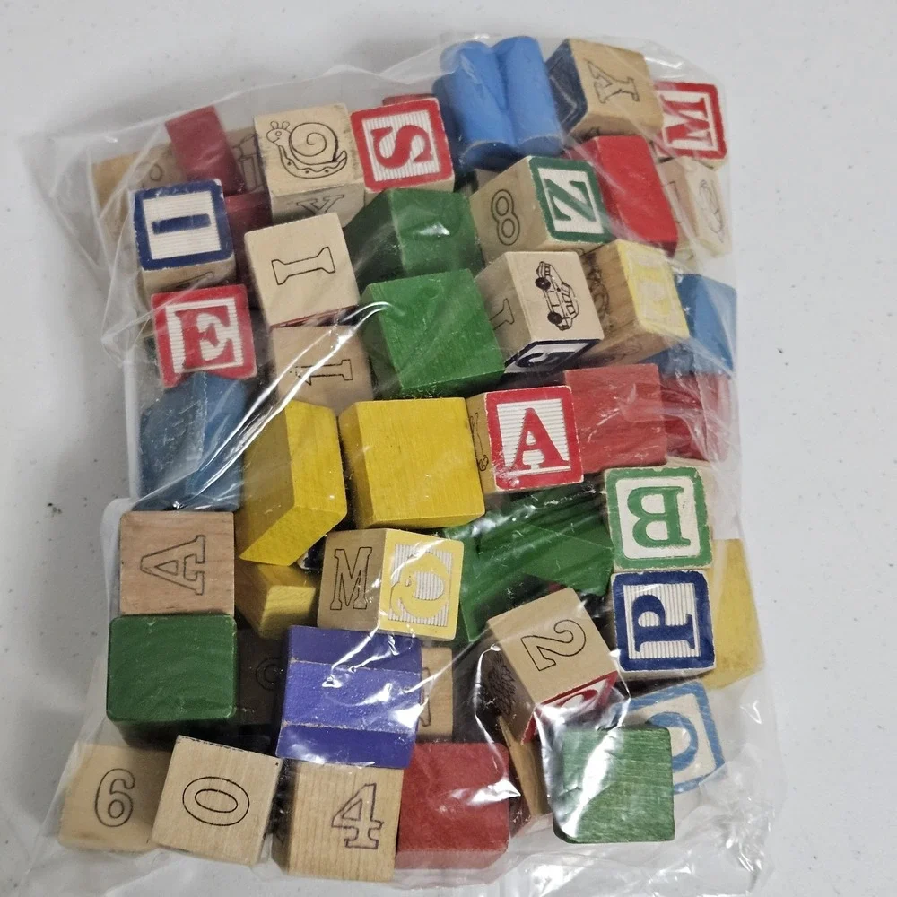 Wooden Blocks Multicolor Alphabet Number Vintage Set Traditional Homeschool